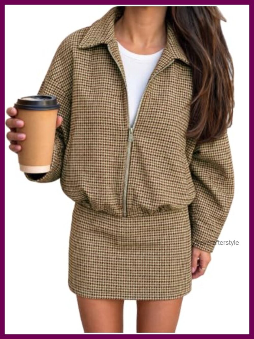 Tankaneo Women's Plaid 2 Piece Skirt Set Bomber Jacket Mini Skirt Houndstooth